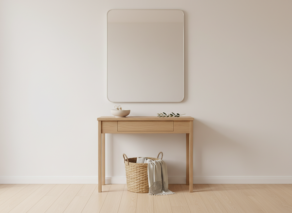 A beautifully organized entryway that reflects intentional living, featuring a slim, wall-mounted oak console with a smooth, natural finish and a single shallow drawer. On top, a round, cream-colored ceramic bowl contains two carefully placed house keys and a small sprig of olive branch. Below, a woven seagrass basket tucks neatly against the wall, holding a folded wool throw. The walls are painted in a warm, soft white, and a large, frameless mirror reflects diffused daylight from an unseen window, brightening the space. The floor is pale oak, spotless and uncluttered. Photographic realism, captured from an eye-level, straight-on perspective with a balanced, symmetrical composition. The mood is calm, welcoming, and sophisticated, emphasizing order, simplicity, and the beauty of having only what is truly needed.