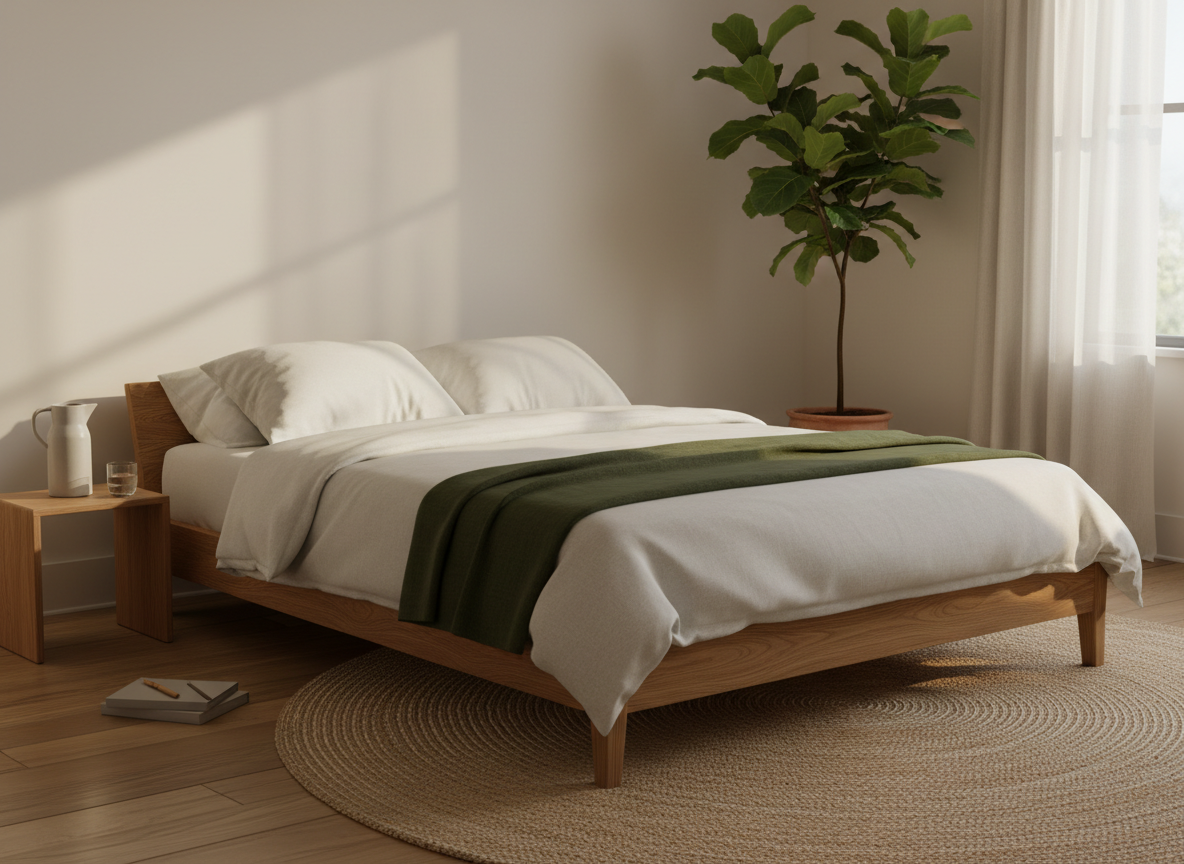 A tranquil bedroom retreat showcasing intentional simplicity, centered on a low solid-wood platform bed with a smooth oak finish and crisp white linen bedding, slightly rumpled for a lived-in feel. A single deep green linen throw is folded at the foot, echoing the color of a leafy fig tree in a clay pot by the window. Sunlight from the late afternoon filters through light, gauzy curtains, creating soft, dappled shadows across the bed and natural fiber rug. A narrow bedside table holds only a stoneware carafe, a glass of water, and a closed linen-covered journal with a wooden pen resting on top. Photographic realism, eye-level composition with a shallow depth of field that gently blurs the far wall, conveying a serene, sophisticated, restful atmosphere.