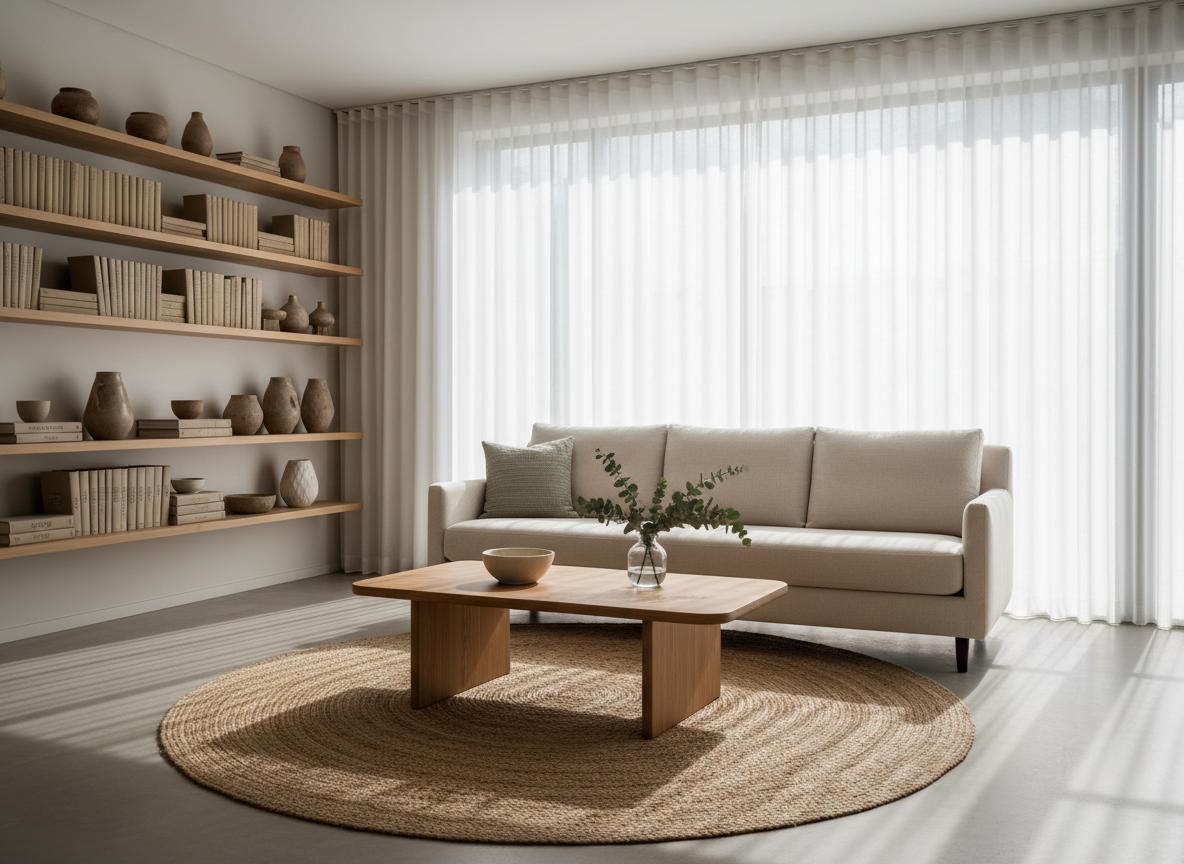 A meticulously styled, light-filled living room that embodies intentional living, featuring a low-profile cream linen sofa with crisp, tailored lines and a single textured throw pillow in muted sage. A solid oak coffee table with rounded edges sits atop a natural jute rug, holding a single ceramic bowl and a small glass vase with fresh eucalyptus stems. Floor-to-ceiling sheer curtains frame a large window, where soft morning sunlight pours in, casting gentle, elongated shadows. Built-in shelves along one wall hold a curated selection of neutral-toned books and handmade pottery, with no clutter in sight. Photographic realism, shot at eye level with a slightly wide angle, sharp focus throughout, and a calm, sophisticated, minimalist atmosphere that feels serene and inviting.