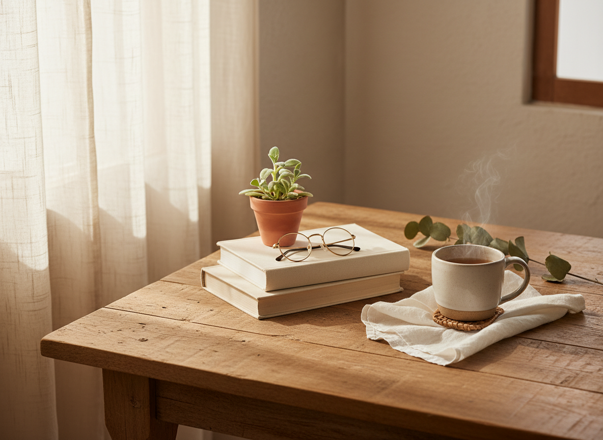 A beautifully styled, bright and airy lifestyle flat lay or interior scene featuring a cozy, organized home — warm natural light streaming through sheer linen curtains, a rustic wooden surface with neatly arranged books, a small potted plant in a terracotta pot, a linen napkin, and a simple ceramic mug. Natural wood textures, soft warm whites and sage greens. Editorial photography style, high quality, calm and peaceful mood, minimalist and intentional.