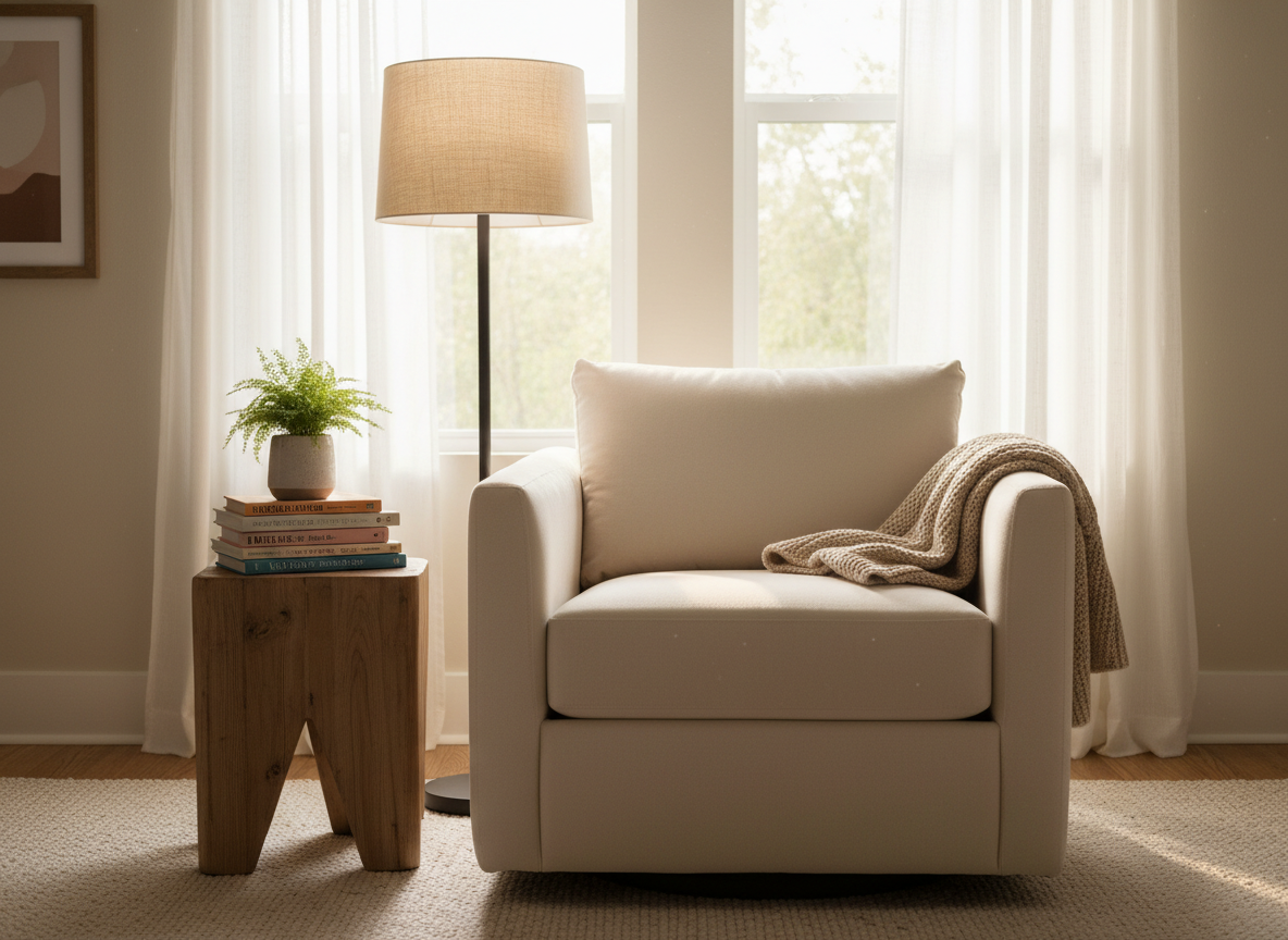 Cozy reading nook with comfortable seating and calming atmosphere