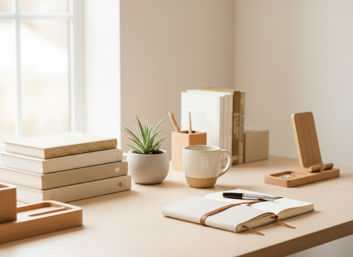 Organized home desk with intentional workspace design and calm aesthetics